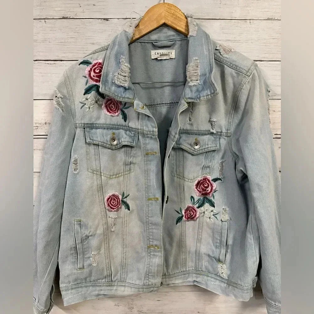 Cavalini Distressed Light Denim Oversized Fit Jacket Size L - Picture 3 of 7